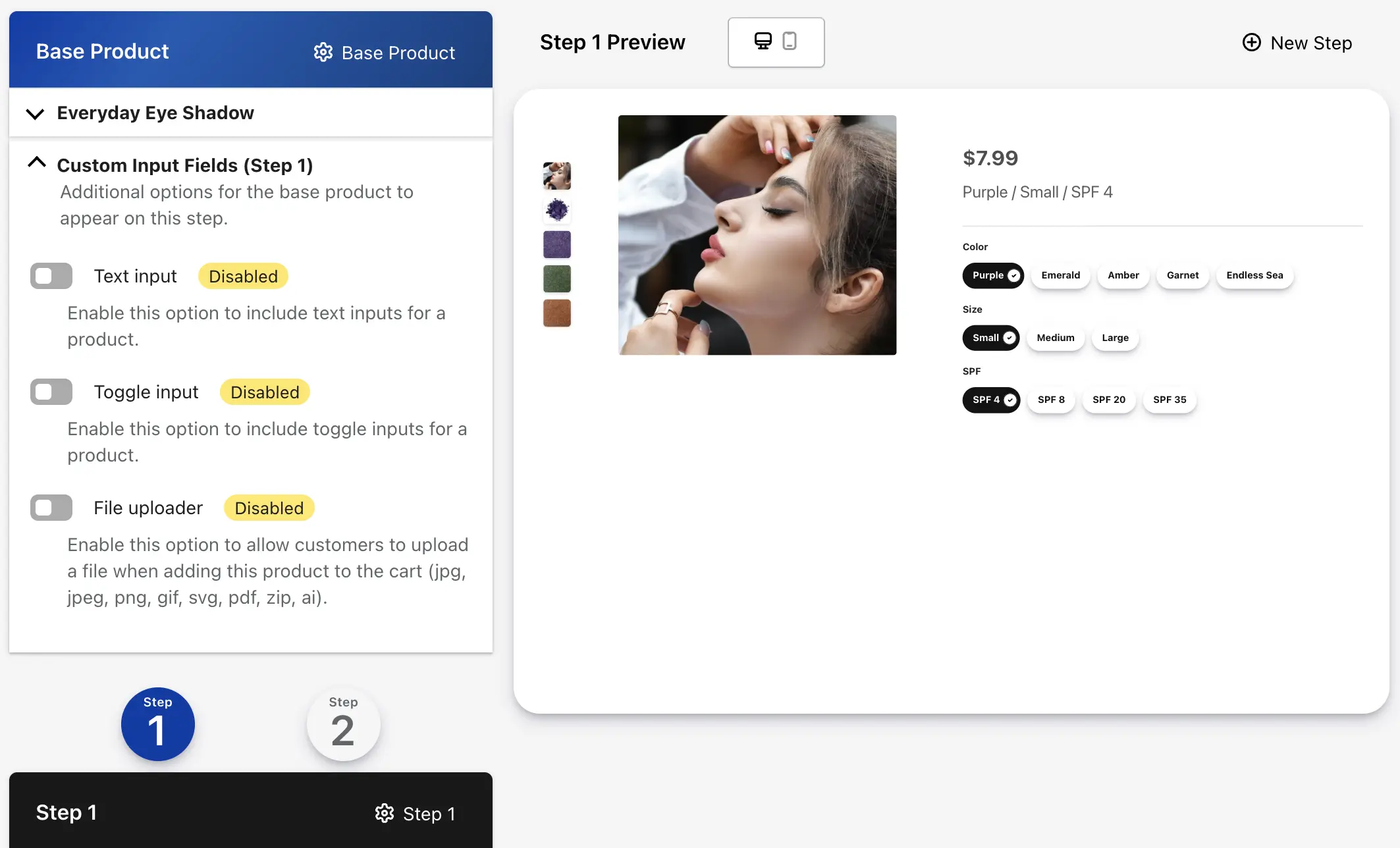 Example of keeping product options together on a single step