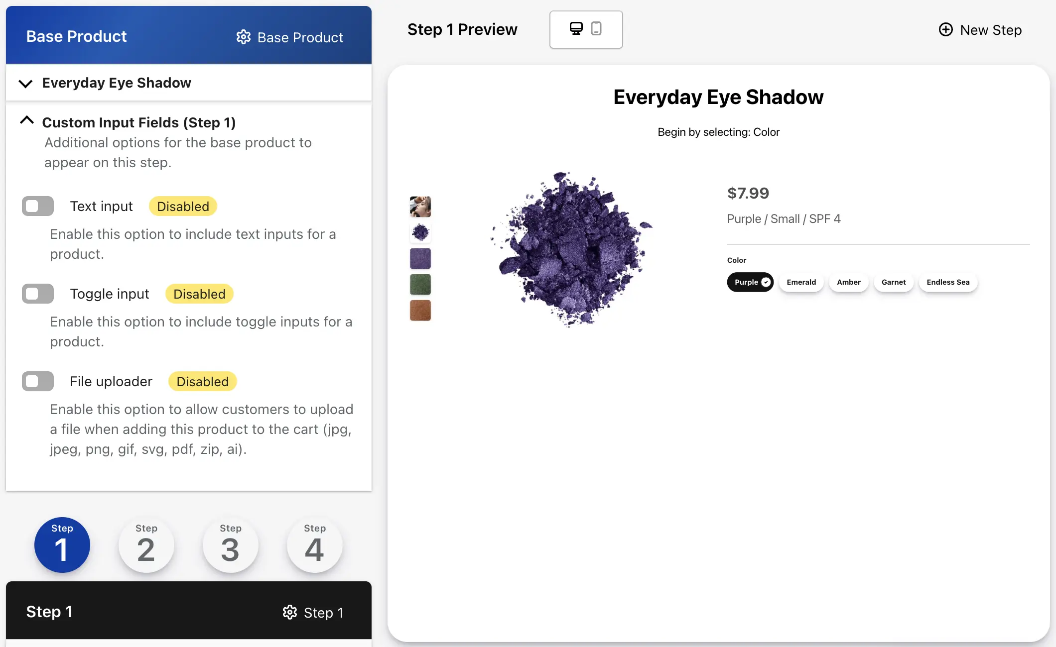 Example of splitting product options into separate steps